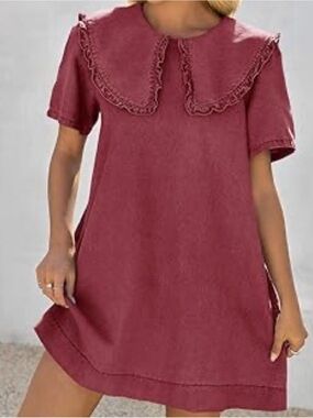 NWT Wenrine Burgundy Dress Ruffle Peter Pan Collar 100% Cotton Cottagecore XL